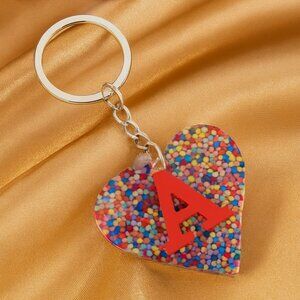 Personalized Resin Heart Keychain – Red “A” Initial with Confetti Beads Charm